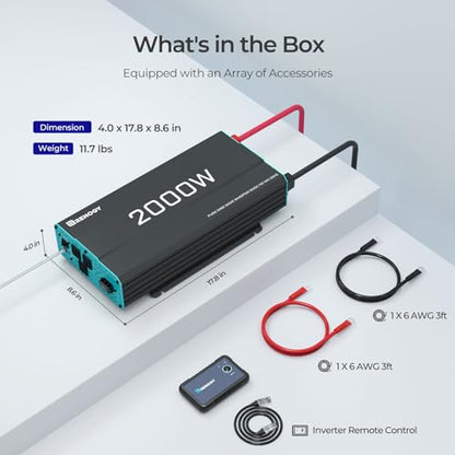 Renogy Inverter P2 2000W Pure Sine Wave Inverter 12V DC to 110V AC Converter, Off-Grid Solar Power Inverters for Vehicles, Truck, RV, Home, with Built-in 5V/2.1A USB / Hardwire Port, Remote Controller - size: 2000W(No BT & ATS)