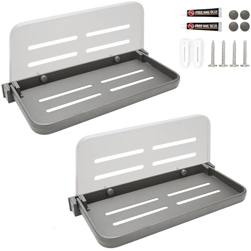 2 Pack RV Aluminum Folding Shelf for Travel Trailers, Floating Foldable Shelves Small Wall-Mounted Fold Up Down for Camper Accessories & Space-Saver, Bathroom Storage Organizer with Screws 11x5 inch