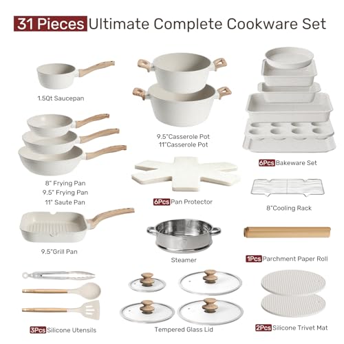 Kikcoin Pots and Pans Set Non Stick 31 Piece Kitchen Nonstick Cooking Cookware Sets with Grill Pan Saucepan Baking Sheet Utensil, Cream White - color: Cream White