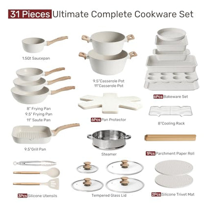 Kikcoin Pots and Pans Set Non Stick 31 Piece Kitchen Nonstick Cooking Cookware Sets with Grill Pan Saucepan Baking Sheet Utensil, Cream White - color: Cream White
