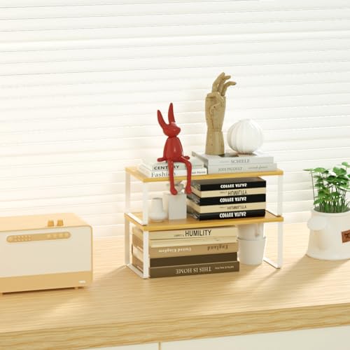 NEX Kitchen Cabinet and Counter Shelf Organizer, Stackable & Expandable, Set of 4, White and Natural - 7.7 x 15.6 x 6.2'' - color: Cloud White + Natural Beige, size: 15.6''W