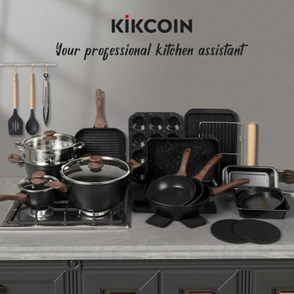 Kikcoin Pots and Pans Set Non Stick 31 Piece Kitchen Nonstick Cooking Cookware Sets with Grill Pan Saucepan Baking Sheet Utensil, Black - color: Black