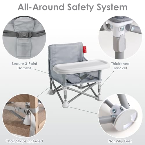 Tiny Marvels Baby Chair, Portable & Foldable for Travel & Beach, Ages 6M-3Y | BPA-Free Material, 3-Point Harness, 3-in-1 Baby Chair, Removable Tray & Carry Bag, Sturdy with Reinforcement, Non-Slip Feet - color: Grey
