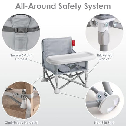 Tiny Marvels Baby Chair, Portable & Foldable for Travel & Beach, Ages 6M-3Y | BPA-Free Material, 3-Point Harness, 3-in-1 Baby Chair, Removable Tray & Carry Bag, Sturdy with Reinforcement, Non-Slip Feet - color: Grey