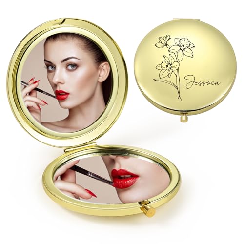 Personalized Compact Mirror for Women - Pocket Mirror for Women,Custom Birthflower Travel Makeup Mirror for Wife, Mom, Bridesmaid Gifts for Daughter Friend (Gold) - color: Gold