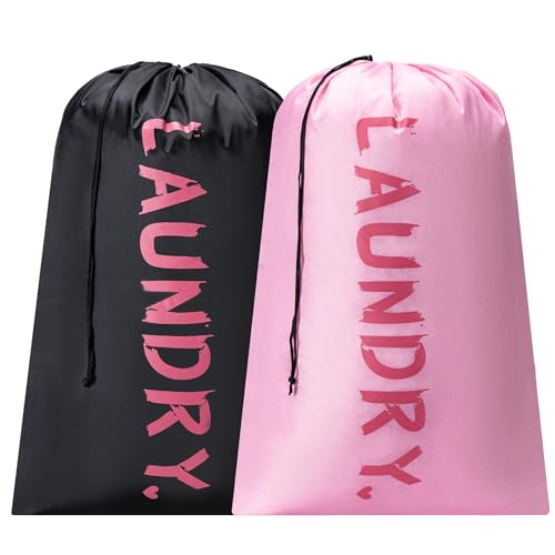 2 Pack XL Travel Laundry Bag, Machine Washable Dirty Clothes Organizer with Drawstring,Large Enough to Hold 4 Loads of Laundry, Easy Fit a Laundry Hamper or Basket Travel Essentials 24" x 36" - color: Light rose pink+Black, size: 24"x36" |2 Pack