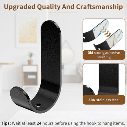 20Pcs Black 3m Adhesive Hooks, Heavy Duty Hook, Black Wall Hanger for Hanging, Large Metal Sticky J Strip Hooks, for Hat, Coat, Picture, Backpack, Garage Hanging