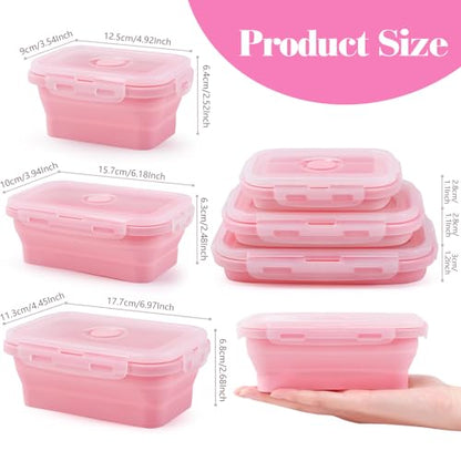 Collapsible Silicone Food Storage Containers with Lids, 3 Pack Foldable Food Containers,Silicone Collapsible Bowls For Camping, Microwave Freezer Dishwasher Safe (Pink 350ml 500ml 800ml)