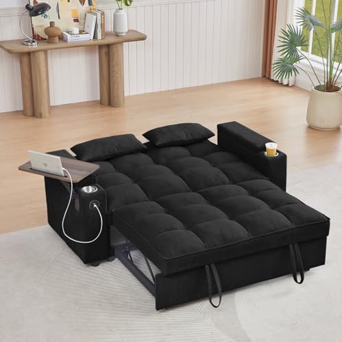 oaaktu ﻿ 65''Convertible Sleeper Sofa Bed,3-in-1 Pull Out Couch Bed with 360 Degree rotatable Side Table and USB Ports for Living Room,RV (07Black) - color: 07black