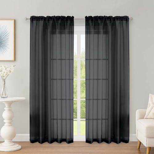 OWENIE Black Sheer Curtains 72 Inches Long 2 Panels Set, Transparent Voile Sheer Curtain for Living Room Bedroom Window Sliding Glass Door Treatment, 59 x 72 Inch, Black - color: Black, size: 59"W x 72"L (Pack of 2)