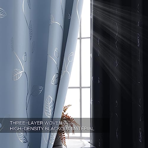BUHUA Heat Blocking Curtains, Black Out Curtains 63 Inch Long 2 Panels Burg, Soundproof Curtains with Silver Leaf Printed (52 x 63 Inch, Baby Blue, Set of 2 Panels) - color: Silver Leaf /Baby Blue, size: 52"W x 63"L (Pack of 2)