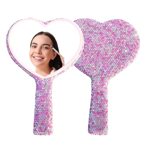 Large Rhinestone Handheld Mirror Heart Bling Glitter Cosmetic Dazzling Portable Hand Mirrors with Handle for Women Wedding Party (Hot Pink) - color: Hot Pink