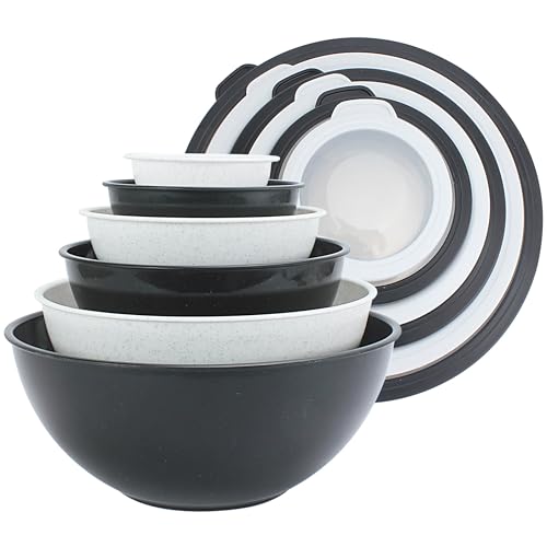 COOK WITH COLOR Mixing Bowls with TPR Lids - 12 Piece Plastic Nesting Bowls Set includes 6 Prep Bowls and 6 Lids, Microwave Safe Mixing Bowl Set (Black and White) - color: Black and White TPR Lids