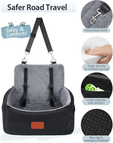 WOOAIDAGG Dog Car Seat for Small Dogs Under 30lbs, Comfy & Safe Travel Bed with Washable Cover, 2 Clip-On Safety Leashes and Pockets, Anti-Slip Base, Easy to Install(Black/Grey) - color: Black/Grey