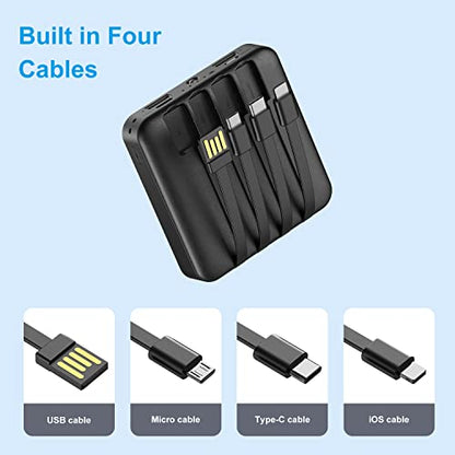 Solar Portable Charger 12000mAh, Small Solar Power Bank, USB C Input/Output External Battery with Built-in 4 Cables, Two-Hand Flashlight, Suitable for iPhone, Tablet Computers and Samsung - color: black