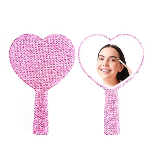 Large Rhinestone Handheld Mirror Heart Bling Glitter Cosmetic Dazzling Portable Hand Mirrors with Handle for Women Wedding Silver White (All Hot Pink) - color: All Hot Pink