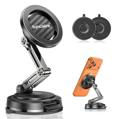 SYNCWIRE for MagSafe Car Mount, [3-Axis Adjustable] Vacuum Magnetic Phone Holder, Replaceable Suction Cup (Dashboard/Windshield), 360° Rotation, Foldable, for iPhone 17-12 Pro/Max/Plus, Carbon-Fiber - color: Carbon Fiber