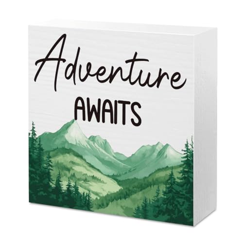 Mountain Decor Travel Adventure Forest Awaits Sign Camper Camping Rv Classroom Decor for Home Desk Office Room Table Cubicle Shelf 5 X 5 Inch - color: Adventure 2