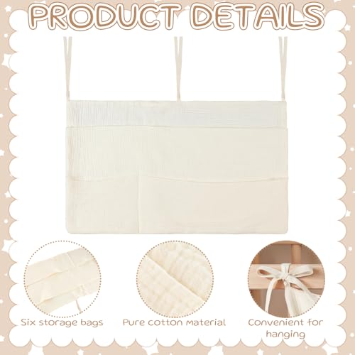 Cotton Baby Bedside Hanging Storage Bag 6 Pockets Bedside Caddy Organizer for Baby Cribs and Toys Milk Bottle Nursery Hanging Organizers, Beige