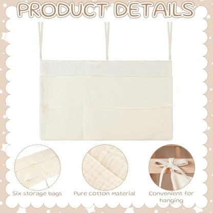 Cotton Baby Bedside Hanging Storage Bag 6 Pockets Bedside Caddy Organizer for Baby Cribs and Toys Milk Bottle Nursery Hanging Organizers, Beige