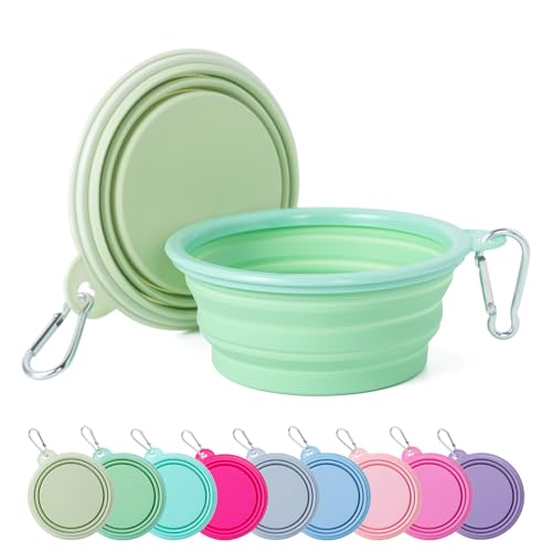 SLSON Collapsible Dog Bowl, 2Pack Macaron Color Pet Travel Bowls Silicone Foldable Water Feeder Dish for Small to Large Dogs Cat Walking Hiking Camping (Macaron Light Green and Light Yellow, Small) - color: Macaron Light Green and Light Yellow, size: Smal