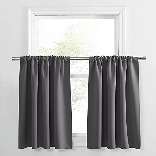 PONY DANCE Grey Short Window Curtains for Kitchen 24 inch Long, 2 Panels Set Half Window Drapes for Bedroom Basement, Blackout Small Curtains for Travel Trailers, Width 34 x Length 24 inches - color: Grey, size: 34"W x 24"L (Pack of 2)