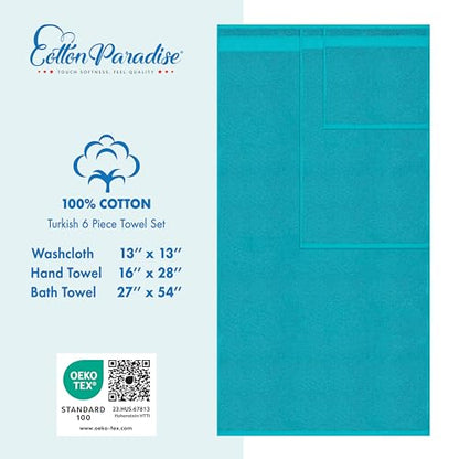Cotton Paradise 100% Cotton Turkish Towel Set, Soft Absorbent Quick Dry, 6 Piece Towel Set, Ocean Aqua - color: Ocean Aqua