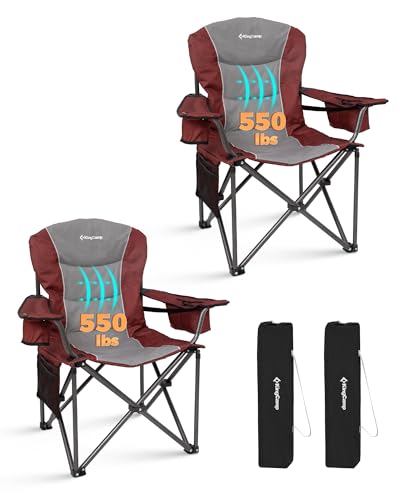 KingCamp Oversized Camping Chair with Adjustable Lumbar Support, 550lbs Heavy Duty Padded Folding Lawn Chair for Adults, Outdoor Armchair with Cooler Bag, Cup Holder & Side Pocket for Fishing, Travel - color: 2 Pack- Red/Mediumgrey