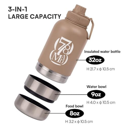 3-in-1 Dog Water Bottles with Food & Water Bowls – Insulated Stainless Steel 32oz Travel Bottle for Walking, Hiking & Outdoor Adventures (Light Beige) - color: Light Beige
