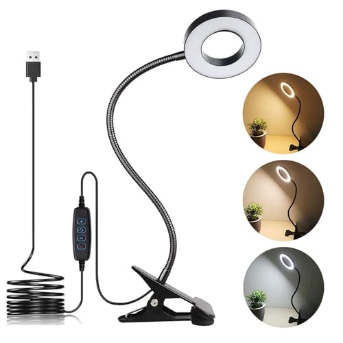 Brokimis Clip on Light LED Reading Book Study Lamp 3 Color Modes 10 Brightness Eye Protection 360° Flexible Gooseneck Student Dormitory Office Desk Lamp at Night in Bed - color: Black