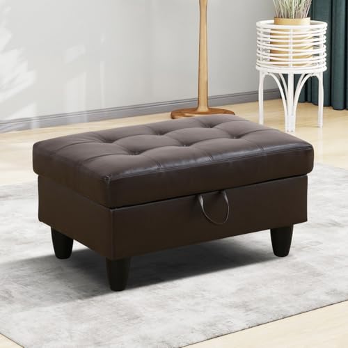 Ottoman, Faux Leather Storage Ottoman Bench, Modern 33.5" Large Square Entryway Bench Ottoman with Storage for Living Room/Apartment/Bedroom/Rv Car,Brown - color: Brown, size: 33.5 inch