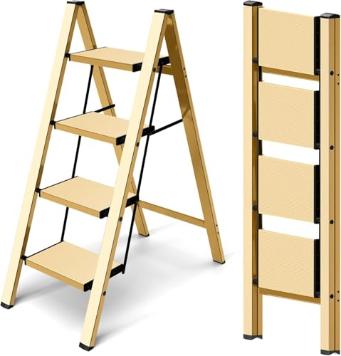 Aluminium 4 Step Ladder Folding Stool-330lb Capacity Ladders with Anti-Slip Wide Pedal,Lightweight Ladder,Portable Multi-use Scene for Home/Kitchen/Office/Garden/Yard - color: Golden, size: 4 Step
