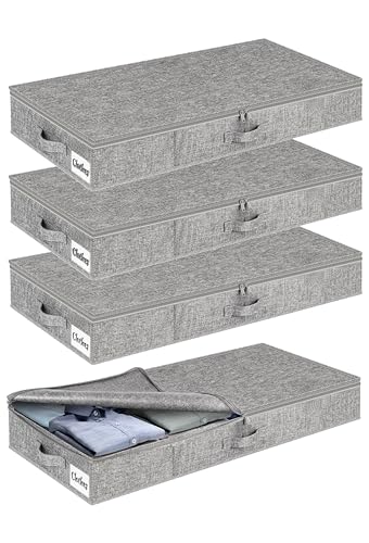 Under Bed Storage Container Bins 4 Pack, 4 Inch Thin Low Profile Underbed Clothes Storage Organizer for Dorm & Home, Use for Blanket and Toy Storage Box W/ Sturdy Bottom/Sides, Foldable Thick Fabric - color: Rigid-Gray-4 Pack, size: 4 Inch