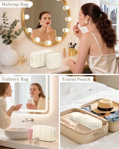 oscaurt 2 Pcs Makeup Bag Travel Toiletry Bag for Women Puffy Padded Cosmetic Pouch Purse Wide-open Makeup Organizer Case Travel Essentials - color: Beige-Set