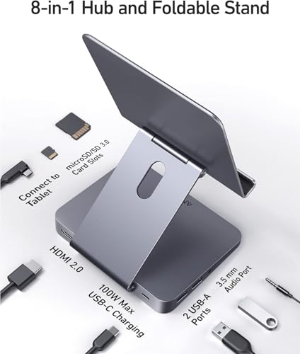 Anker USB C Hub for iPad, 551 USBC Hub (8-in-1), with Foldable Tablet Stand, 4K HDMI, 2 USB-A Data Ports, for iPad Pro 5th Gen/Air 5th Gen/Mini 6th and Later (Silver) - size: 5.6 × 5.5 × 1.1 inches