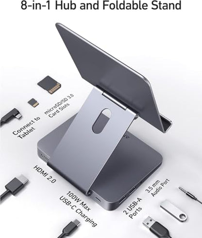 Anker USB C Hub for iPad, 551 USBC Hub (8-in-1), with Foldable Tablet Stand, 4K HDMI, 2 USB-A Data Ports, for iPad Pro 5th Gen/Air 5th Gen/Mini 6th and Later (Silver) - size: 5.6 × 5.5 × 1.1 inches