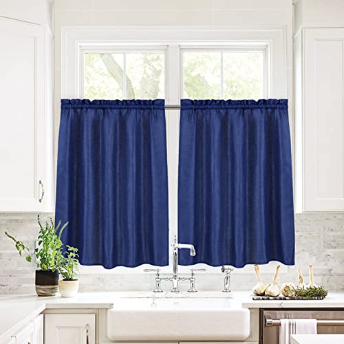 Valea Home Waffle Weave Textured Bathroom Window Curtains Water Repellent Short Curtains Window Covering Half Window Curtains Kitchen Tiers 36 inch Length, Navy Blue, Set of 2 - color: Navy Blue, size: 36"W x 36"L (Pack of 2)