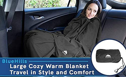 BlueHills Ultra Compact Travel Blanket Pillow in Portable Bag Case with Hand Luggage Belt & Backpack Clip Premium Cozy Soft Compact Pack Large Blanket for Airplane Flight Layover Black C003 - color: C003-black