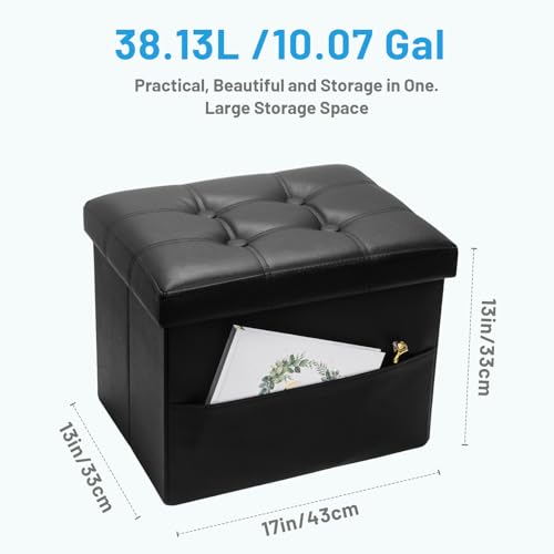 Bsketa Storage Ottoman Foot Rest Stool, Small Leather Storage Ottomans Bench, Folding Footstool with Side Pockets, Foot Rest Under Desk for Living Room Bedroom, 17x13x13 in, Black - color: Black-with Side Pockets.