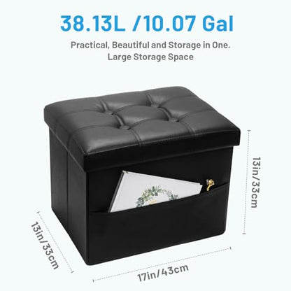 Bsketa Storage Ottoman Foot Rest Stool, Small Leather Storage Ottomans Bench, Folding Footstool with Side Pockets, Foot Rest Under Desk for Living Room Bedroom, 17x13x13 in, Black - color: Black-with Side Pockets.