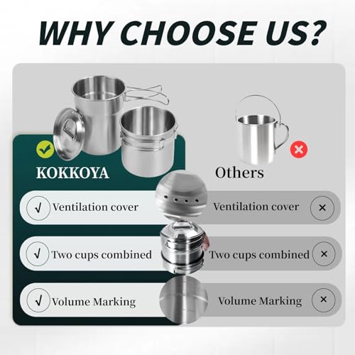KOKKOYA Foldable Camping Cups Mugs Camping Pot Cookware 304-Food-Grade Outdoor Camp Cooking Set with Vented lid,Stainless Steel Backpacking Cookware for Hunting - color: silvery-blue-green
