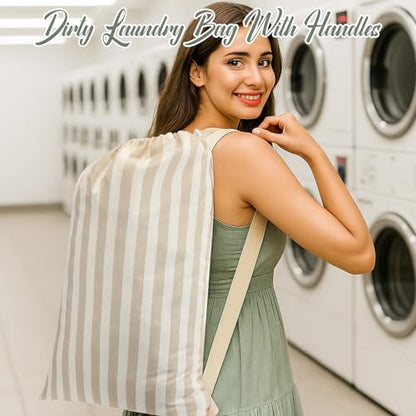 SATINIOR 2 Pcs Stripe College Laundry Bag Green Beige Canvas Travel Laundry Bags with Drawstring Shoulder Straps 29" x 18" Washable Dirty Clothes Hamper Organizer for Dorm Laundromat Apartment Camping - style: Stripe