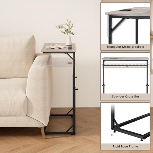 Vagusicc C Shaped End Table with Charging Station, C-Table End Table Adjustable Height Side Table for Couch, Large Couch Table, Slide Under Couch Table TV Tray Table for Sofa,Living Room,Bedroom, Grey - color: Greige, style: With Plug