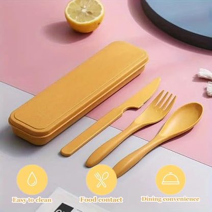 Wheat Straw Utensils Set with Case, Reusable Travel Cutlery, BPA-Free Portable Spoon Fork Knife, Eco-Friendly Flatware for Camping, Hiking & Picnic (Pink & Yellow) - color: Pink yellow