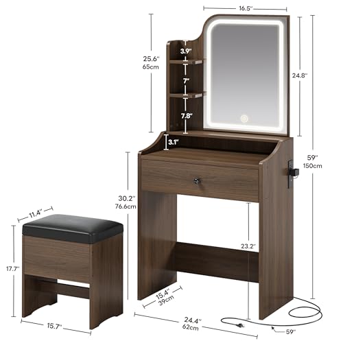 LIKIMIO Small Makeup Vanity Desk with Mirror and Lights, Vanity Table Set with Storage Drawer, Chair and Three Shelves, Bedroom, Walnut - color: Walnut