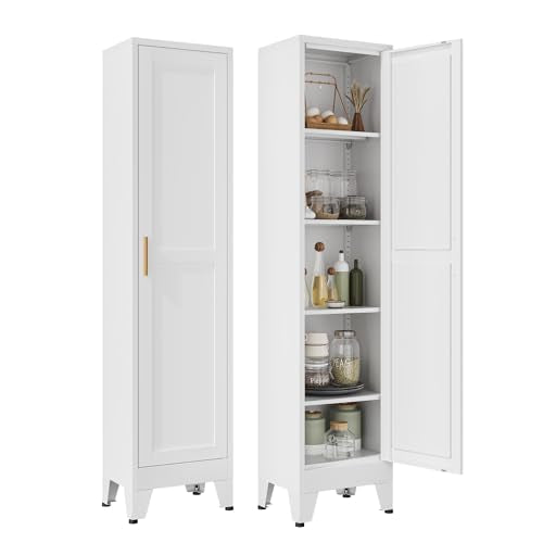 YAUWOH White Narrow Metal Storage Cabinet, Tall Freestanding Cabinet with 4 Adjustable Shelves & Barn Doors, Pantry Organizer for Bathroom Kitchen Home Office Dining Room（1PC,White） - color: White, size: 67"H-1 Door