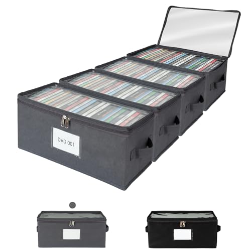 4 Pack Fabric DVD Storage Box with Clear PVC Lid, Holds 25 Standard DVD Cases, Sturdy Non-Woven Fabric with Cardboard Support for Movie Collection, Gray - color: Grey, size: Standard-4 Pack