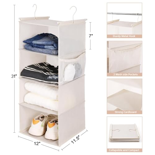 MAX Houser 4 Tier Shelf Hanging Closet Organizer, Space Saver,Closet Hanging Shelf with 2 Sturdy Hooks for Storage, Foldable (Beige) - color: Beige-4