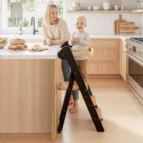 COSYLAND Foldi Foldable Toddler Kitchen Stool - Adjustable Height Toddler Standing Tower with Net & Safety Feet, IF Award-Winning Wooden Learning Step Tower for Kids 18M-6Y, Black & Natural - color: Black & Natural