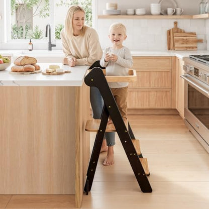 COSYLAND Foldi Foldable Toddler Kitchen Stool - Adjustable Height Toddler Standing Tower with Net & Safety Feet, IF Award-Winning Wooden Learning Step Tower for Kids 18M-6Y, Black & Natural - color: Black & Natural